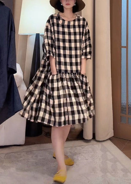Cotton Loose Sleeve Half Dress Pockets Plaid Black FashionChic