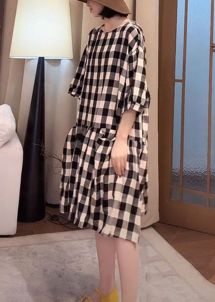 Cotton Loose Sleeve Half Dress Pockets Plaid Black FashionChic