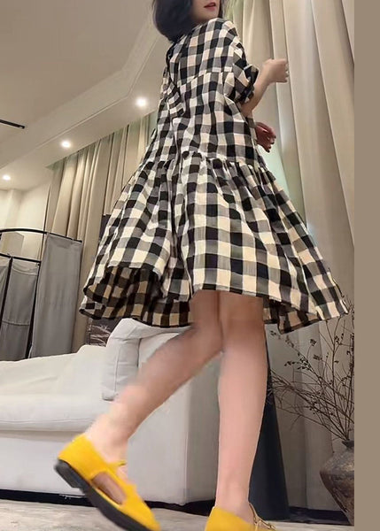 Cotton Loose Sleeve Half Dress Pockets Plaid Black FashionChic