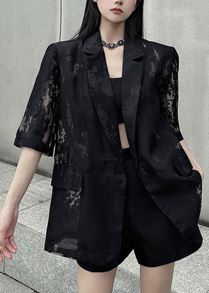 Summer Back Thin Open Pockets Side Cotton Black Coat Loose FashionChic