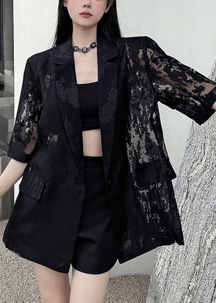 Summer Back Thin Open Pockets Side Cotton Black Coat Loose FashionChic