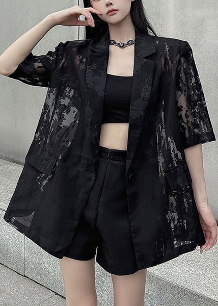 Summer Back Thin Open Pockets Side Cotton Black Coat Loose FashionChic