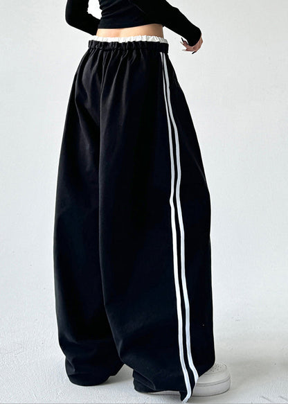 Loose Black Pockets Patchwork Drawstring Wide Leg Pants Spring TA046