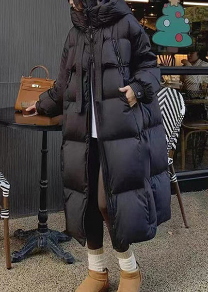 Loose Black Pockets Patchwork Zippered Hooded Maxi Parka Winter RD012 ABC