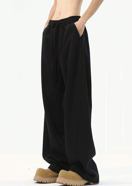 Loose Black Pockets Solid Warm Fleece Mens Pants Elastic Waist Spring RM065 ABC