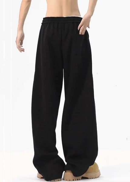 Loose Black Pockets Solid Warm Fleece Mens Pants Elastic Waist Spring RM065 ABC