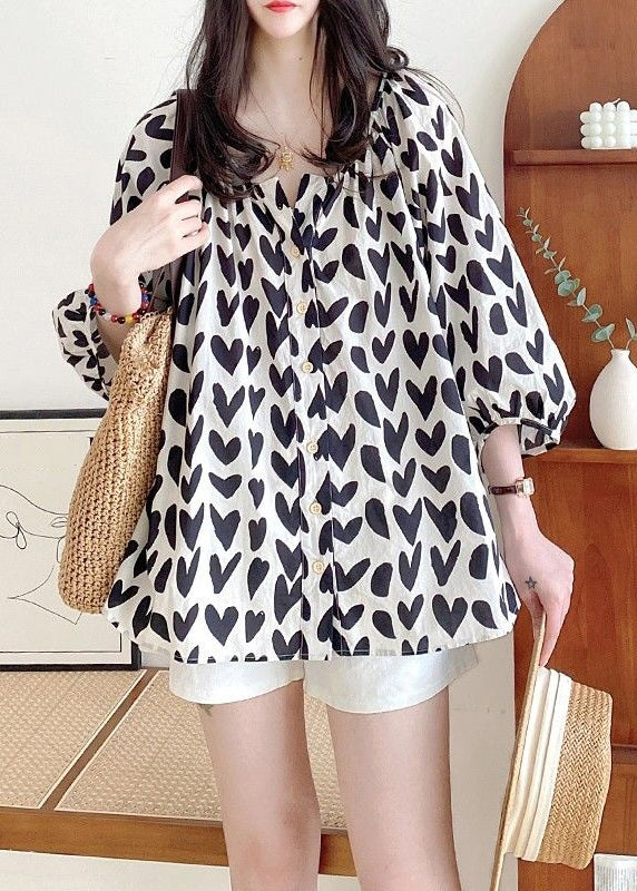 Bracelet Shirts Loose Print Cotton Black Button Sleeve FashionChic