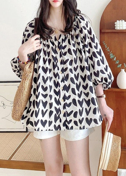 Bracelet Shirts Loose Print Cotton Black Button Sleeve FashionChic