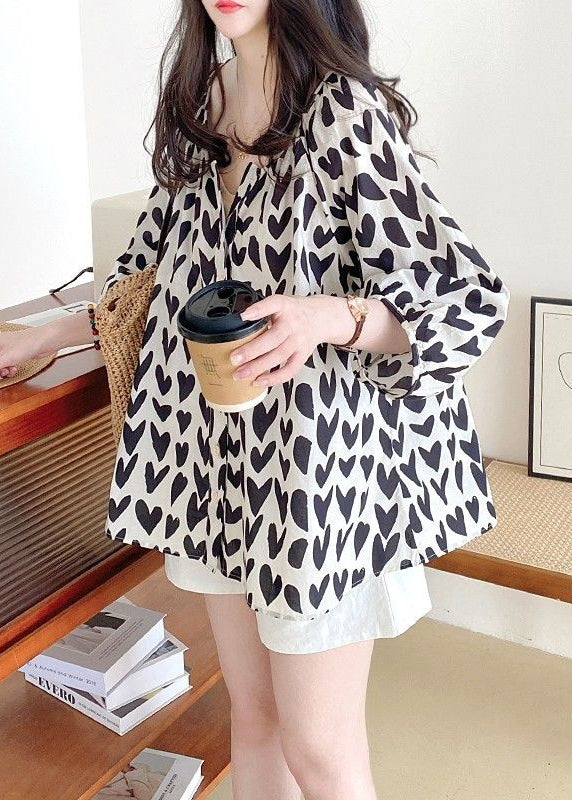 Bracelet Shirts Loose Print Cotton Black Button Sleeve FashionChic