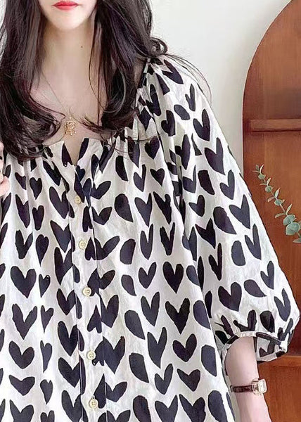 Bracelet Shirts Loose Print Cotton Black Button Sleeve FashionChic