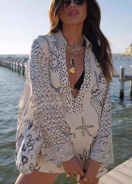 Pieces Shirts Silk Loose And Shorts Black Two Lace Set Print Up FashionChic