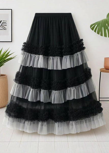 Waist Black Ruffled Skirts Tulle Elastic Summer Loose FashionChic
