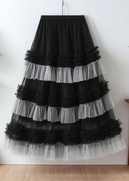 Waist Black Ruffled Skirts Tulle Elastic Summer Loose FashionChic