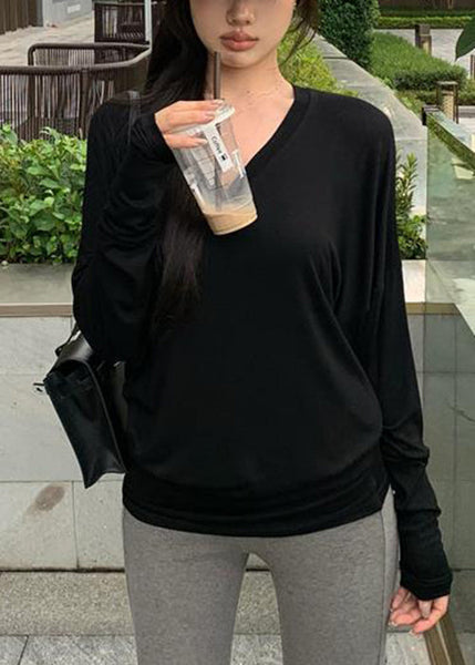 T-shirt ample noir uni en coton doux à manches chauve-souris TD025