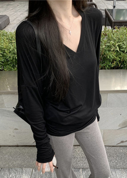 T-shirt ample noir uni en coton doux à manches chauve-souris TD025