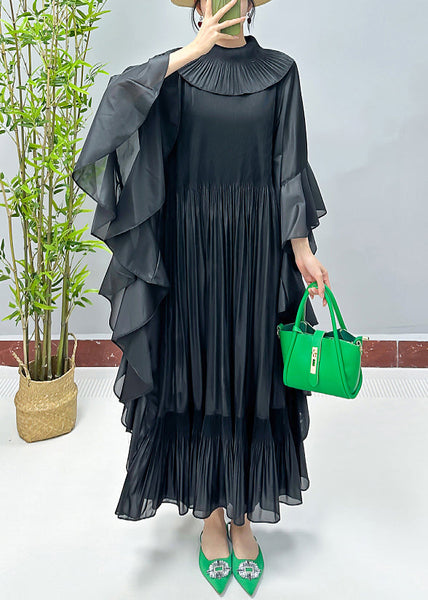 Loose Black Solid Ruffled Cotton Dresses Butterfly Sleeve AA1049 Ada Fashion