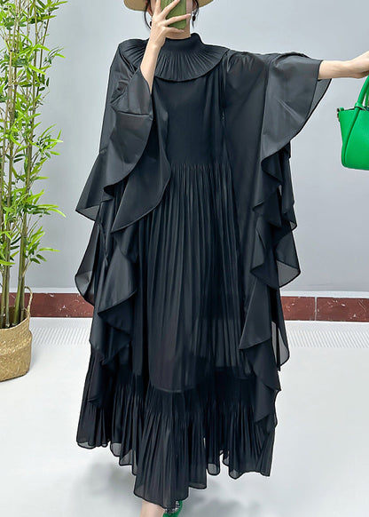 Loose Black Solid Ruffled Cotton Dresses Butterfly Sleeve AA1049 Ada Fashion