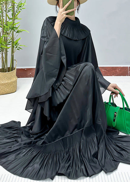 Loose Black Solid Ruffled Cotton Dresses Butterfly Sleeve AA1049 Ada Fashion