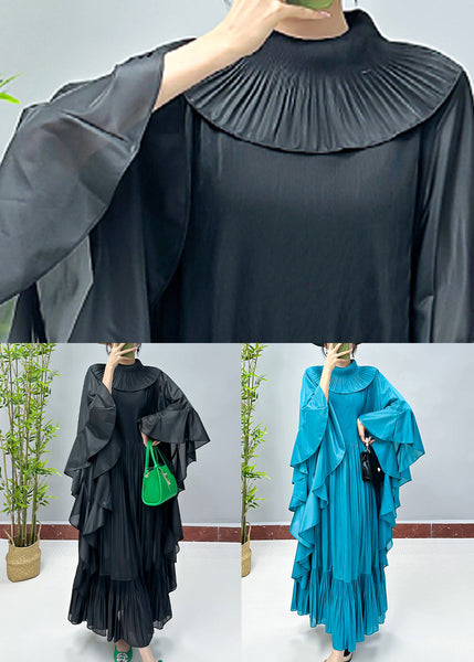 Loose Black Solid Ruffled Cotton Dresses Butterfly Sleeve AA1049 Ada Fashion