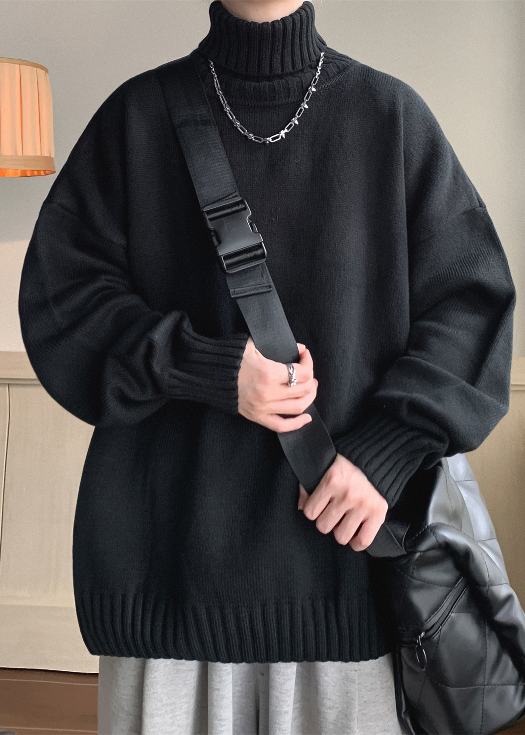 Loose Black Solid Thick Knit Mens Sweaters Turtleneck Winter RJ019 ABC