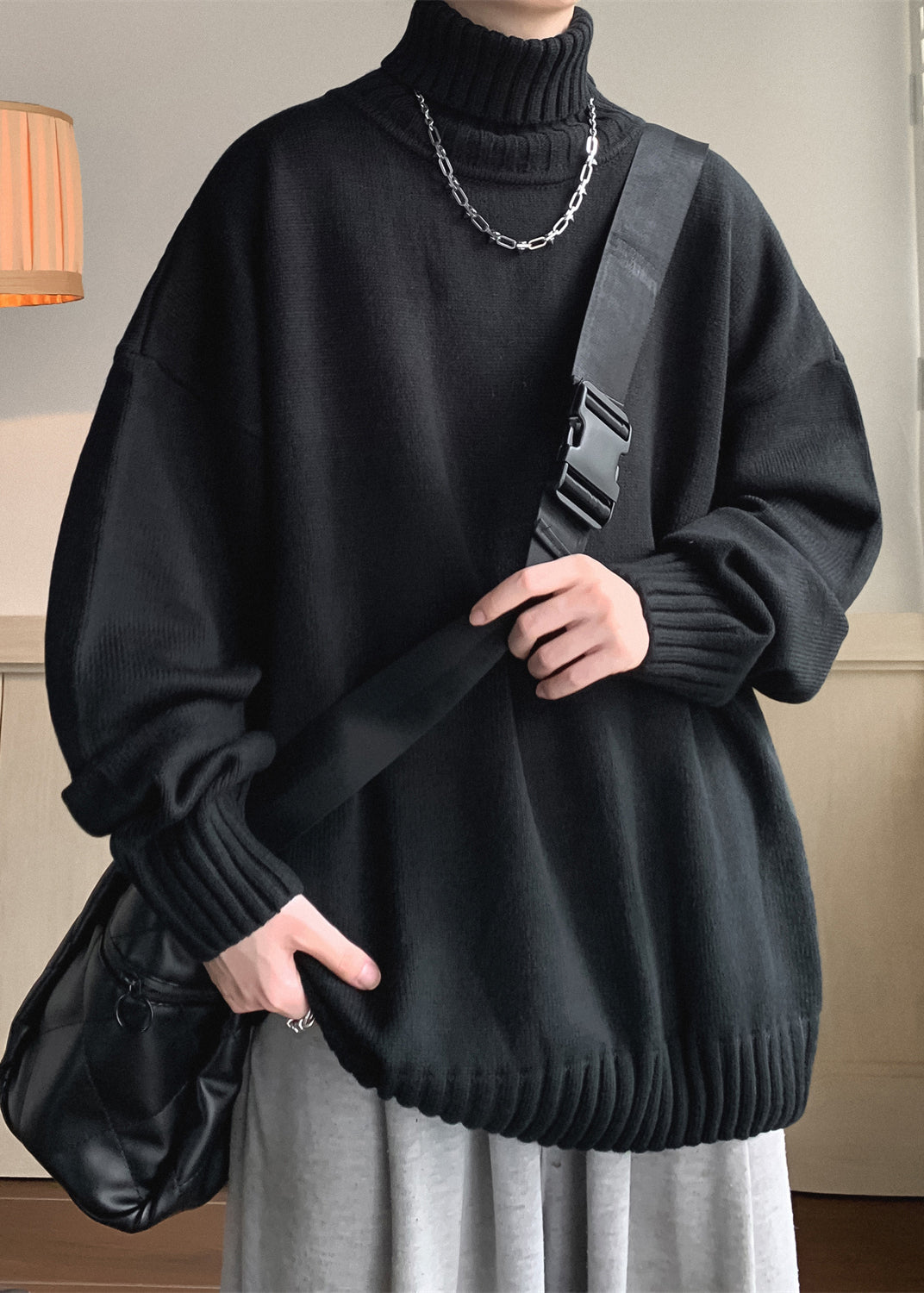 Loose Black Solid Thick Knit Mens Sweaters Turtleneck Winter RJ019 ABC