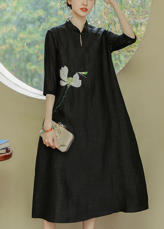 Loose Black Stand Collar Print Pockets Silk Dress Half Sleeve OP1007 Ada Fashion