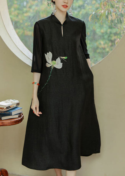 Loose Black Stand Collar Print Pockets Silk Dress Half Sleeve OP1007 Ada Fashion