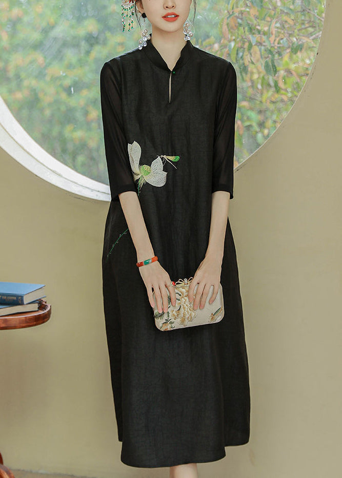 Loose Black Stand Collar Print Pockets Silk Dress Half Sleeve OP1007 Ada Fashion