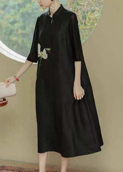 Loose Black Stand Collar Print Pockets Silk Dress Half Sleeve OP1007 Ada Fashion