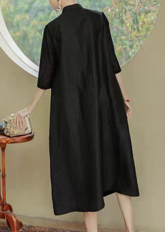 Loose Black Stand Collar Print Pockets Silk Dress Half Sleeve OP1007 Ada Fashion