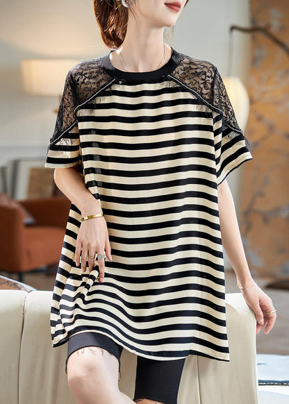 Lace Shirts Patchwork Loose Black Summer T Striped Cotton FashionChic