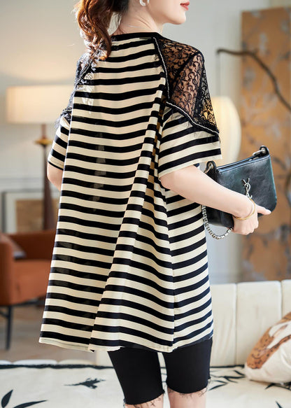 Lace Shirts Patchwork Loose Black Summer T Striped Cotton FashionChic
