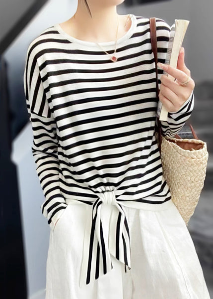 Lace Loose Black Striped T Shirt Spring Up Neck O Cotton FashionChic