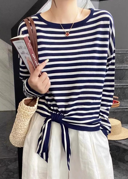 Lace Loose Black Striped T Shirt Spring Up Neck O Cotton FashionChic