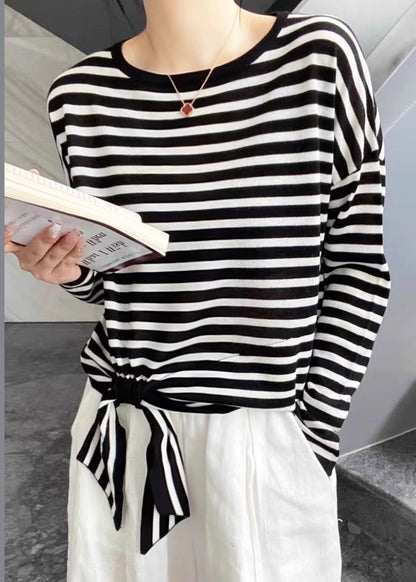 Lace Loose Black Striped T Shirt Spring Up Neck O Cotton FashionChic