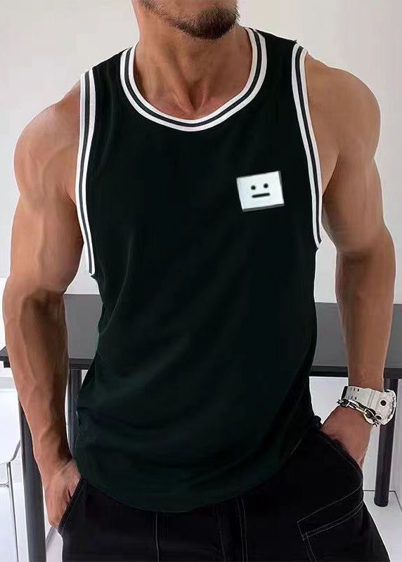 Cotton Solid Tank Black Striped Sleeveless Mens Loose FashionChic