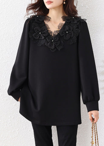 Black V Bead Sweatshirts Cotton Nail Floral Loose Neck Fall FashionChic