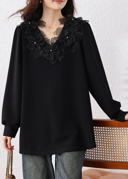 Black V Bead Sweatshirts Cotton Nail Floral Loose Neck Fall FashionChic