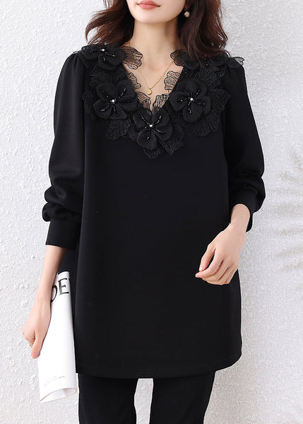 Black V Bead Sweatshirts Cotton Nail Floral Loose Neck Fall FashionChic