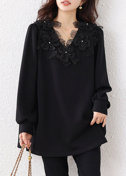 Black V Bead Sweatshirts Cotton Nail Floral Loose Neck Fall FashionChic