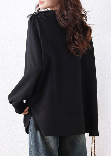Black V Bead Sweatshirts Cotton Nail Floral Loose Neck Fall FashionChic