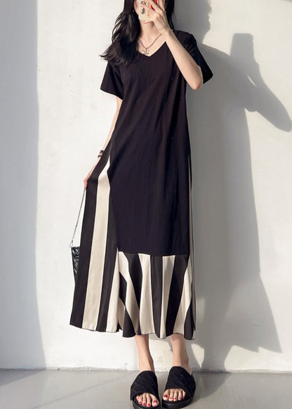Loose Black V Neck Patchwork Cotton Long Dress Summer BV004 MZF-SDL240702