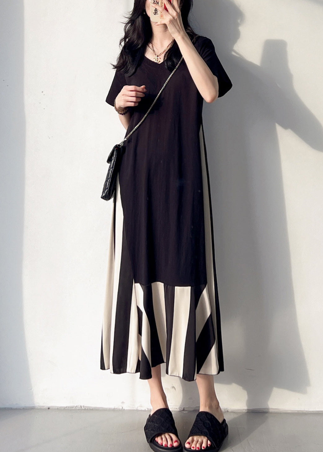 Loose Black V Neck Patchwork Cotton Long Dress Summer BV004 MZF-SDL240702