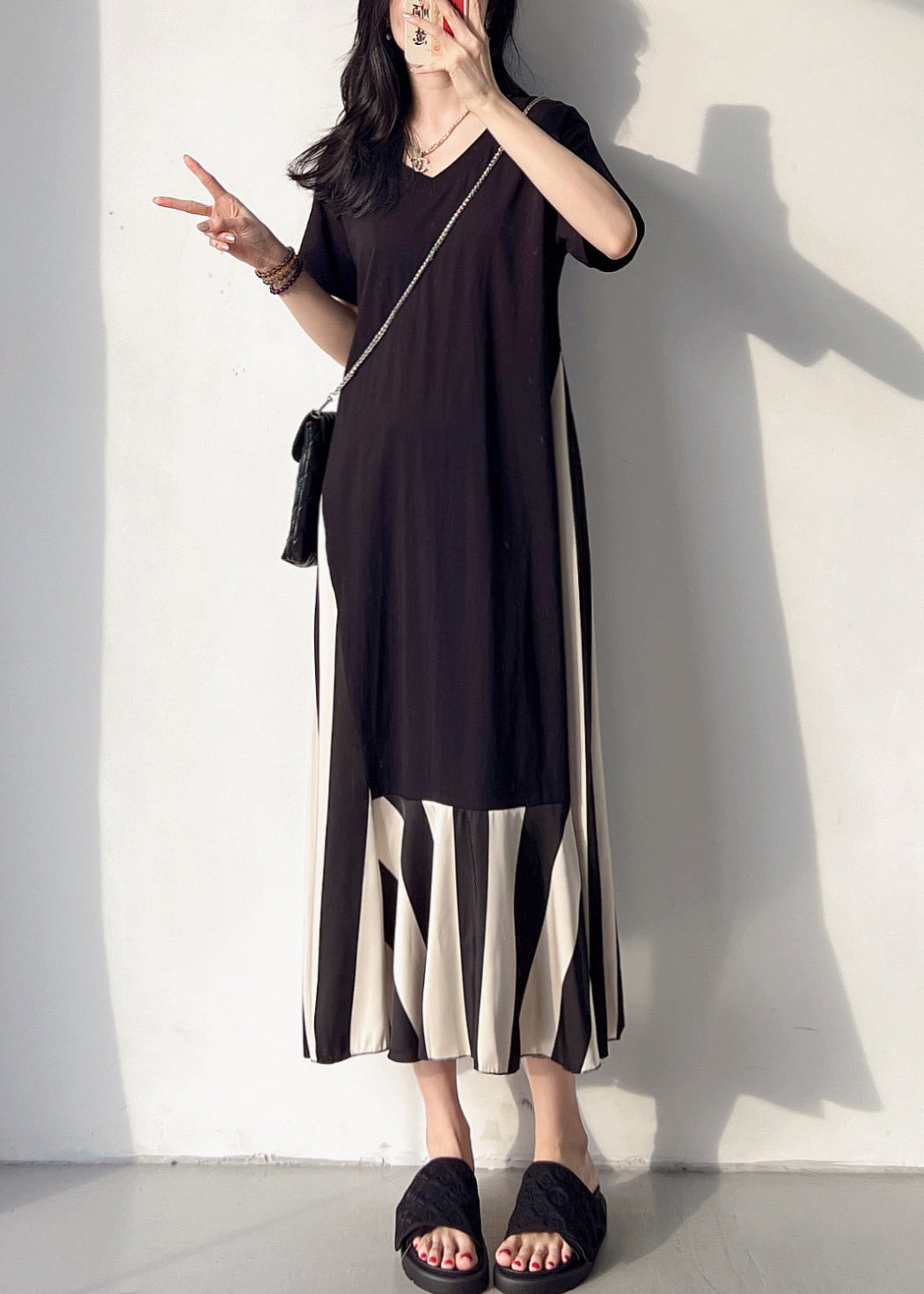 Loose Black V Neck Patchwork Cotton Long Dress Summer BV004 MZF-SDL240702