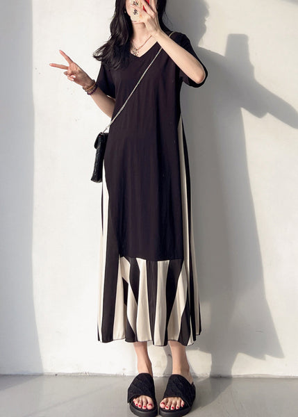 Loose Black V Neck Patchwork Cotton Long Dress Summer BV004 MZF-SDL240702