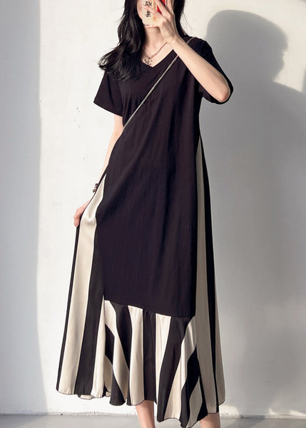 Loose Black V Neck Patchwork Cotton Long Dress Summer BV004 MZF-SDL240702