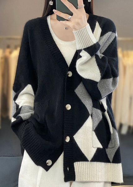 Loose Black V Neck Plaid Button Wool Knit Cardigans Winter ER026 ABC