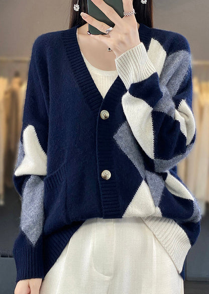 Loose Black V Neck Plaid Button Wool Knit Cardigans Winter ER026 ABC