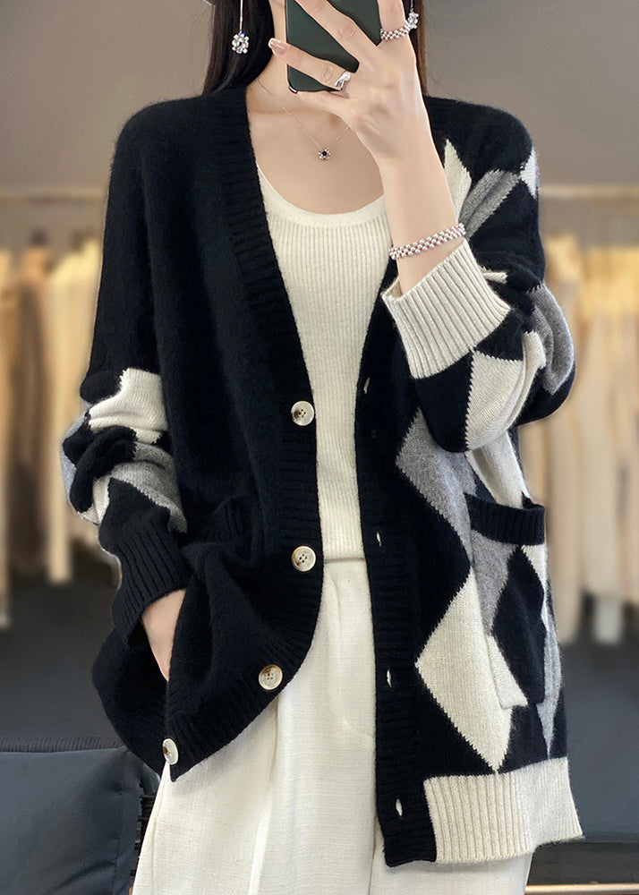 Loose Black V Neck Plaid Button Wool Knit Cardigans Winter ER026 ABC