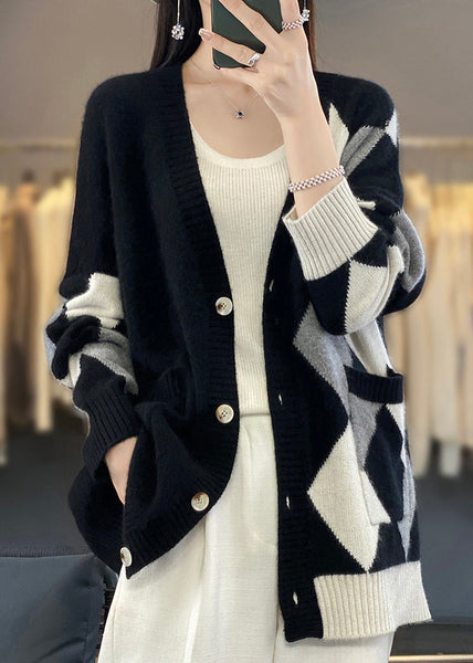 Loose Black V Neck Plaid Button Wool Knit Cardigans Winter ER026 ABC